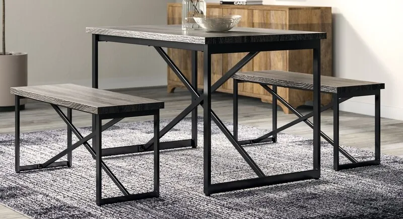 Dining Room Table Set, 3 Pieces Farmhouse Kitchen Table Set with Two Benches, Metal Frame and MDF Board, Modern Furniture for Home, Cafeteria, Apartment and Far