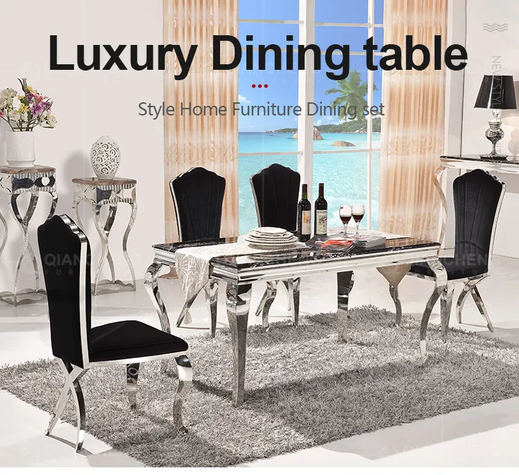 European Luxury Dining Set Black Glass Top Stainless Steel Legs 6 Seater Dining Table