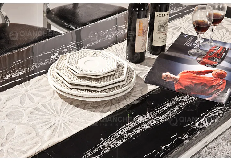 European Luxury Dining Set Black Glass Top Stainless Steel Legs 6 Seater Dining Table