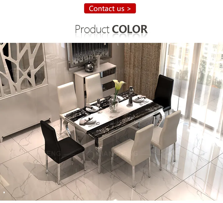 European Luxury Dining Set Black Glass Top Stainless Steel Legs 6 Seater Dining Table