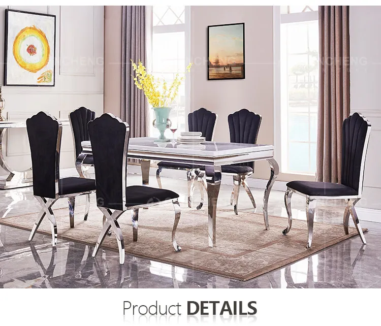 European Luxury Dining Set Black Glass Top Stainless Steel Legs 6 Seater Dining Table