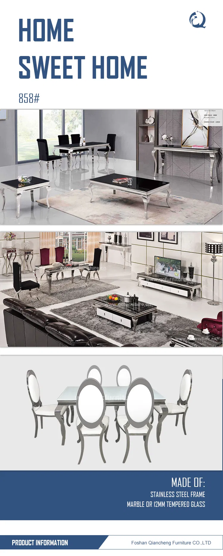 Living Room Furniture Silver Stainless Steel Dining Room Table Set