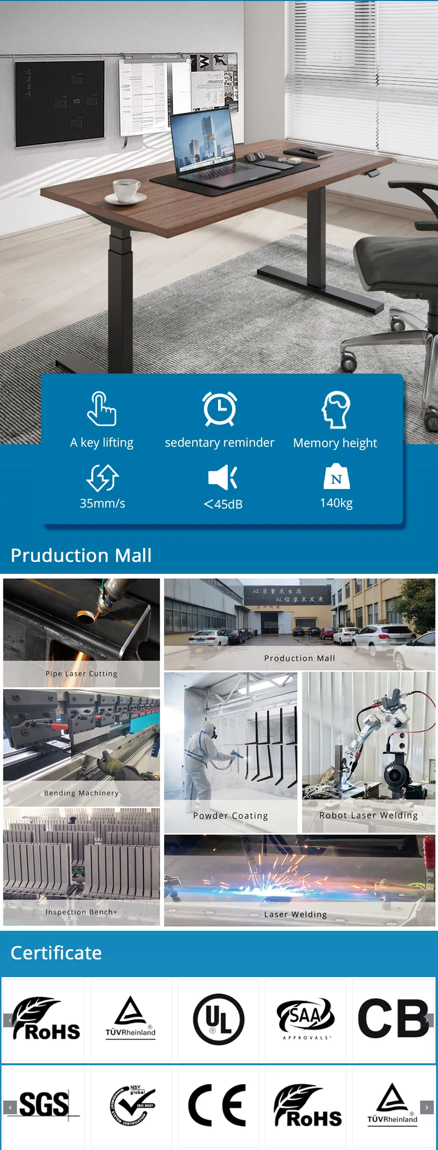 Professional 140kg Load Weight Dual Motor Sit Standing Desk